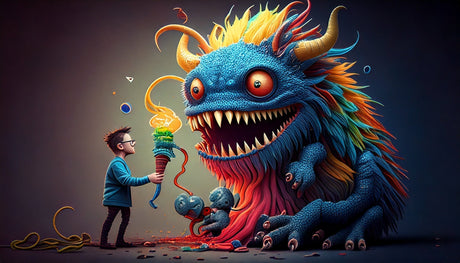 AI monster siphoning energy from a man with what appears to be an ice cream cone 